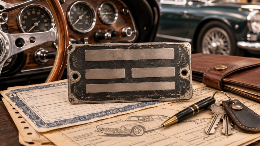 Checking a classic car VIN plate and vehicle documents before purchase