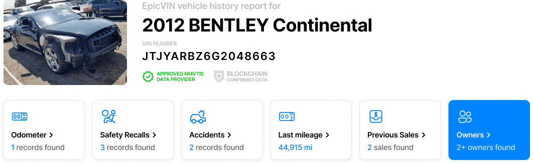 Part Epicvin vehicle report