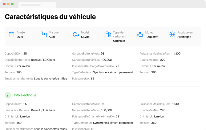 Vehicle specifications screen shot