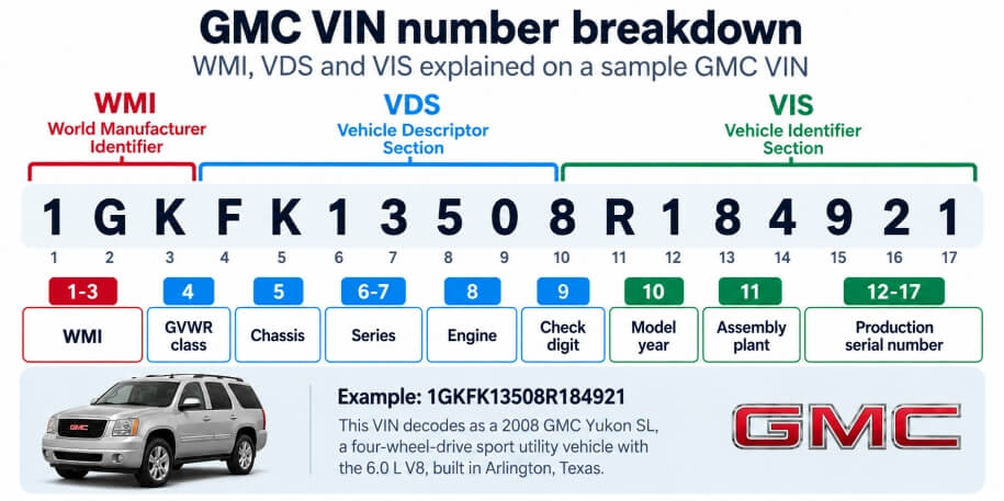 GMC VIN number breakdown: WMI, VDS and VIS explained on a sample GMC VIN