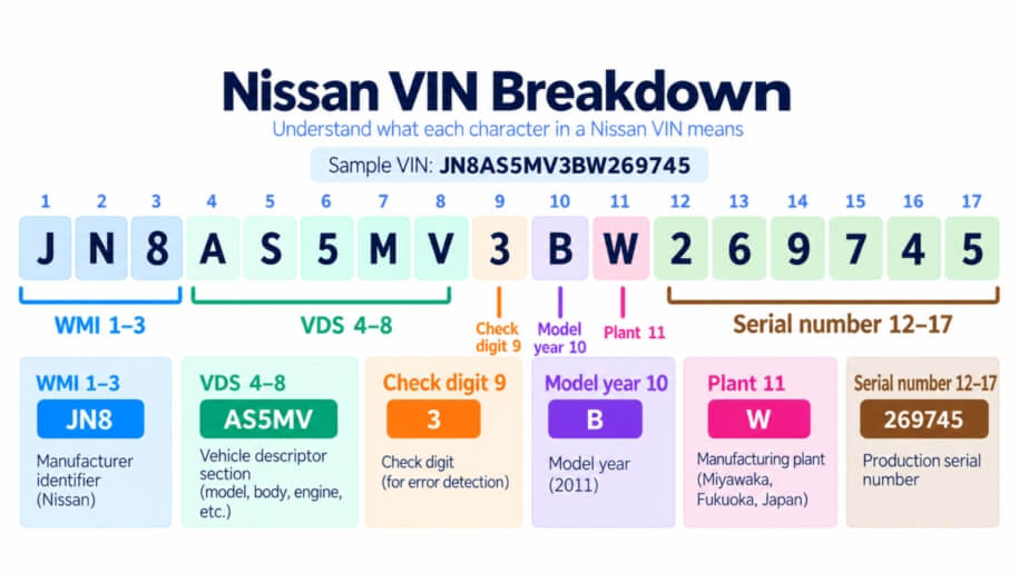 Nissan VIN number breakdown: WMI, VDS and VIS explained on a sample Nissan VIN