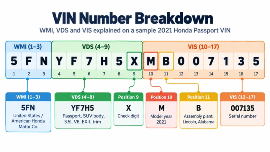 VIN number breakdown: WMI, VDS and VIS explained on a sample 2021 Honda Passport VIN.