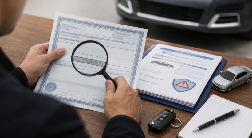 Reviewing a vehicle VIN and title documents before buying a car with possible lien risk