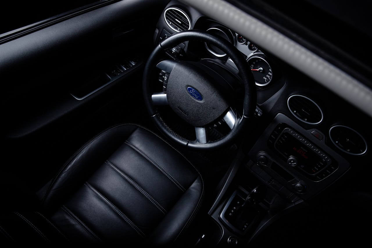 a steering wheel in a Ford car