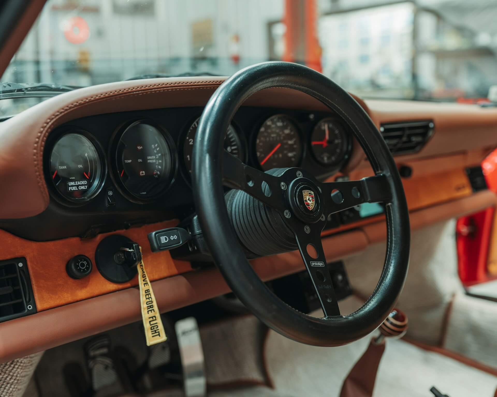 close-up of a vintage Porsche car interior