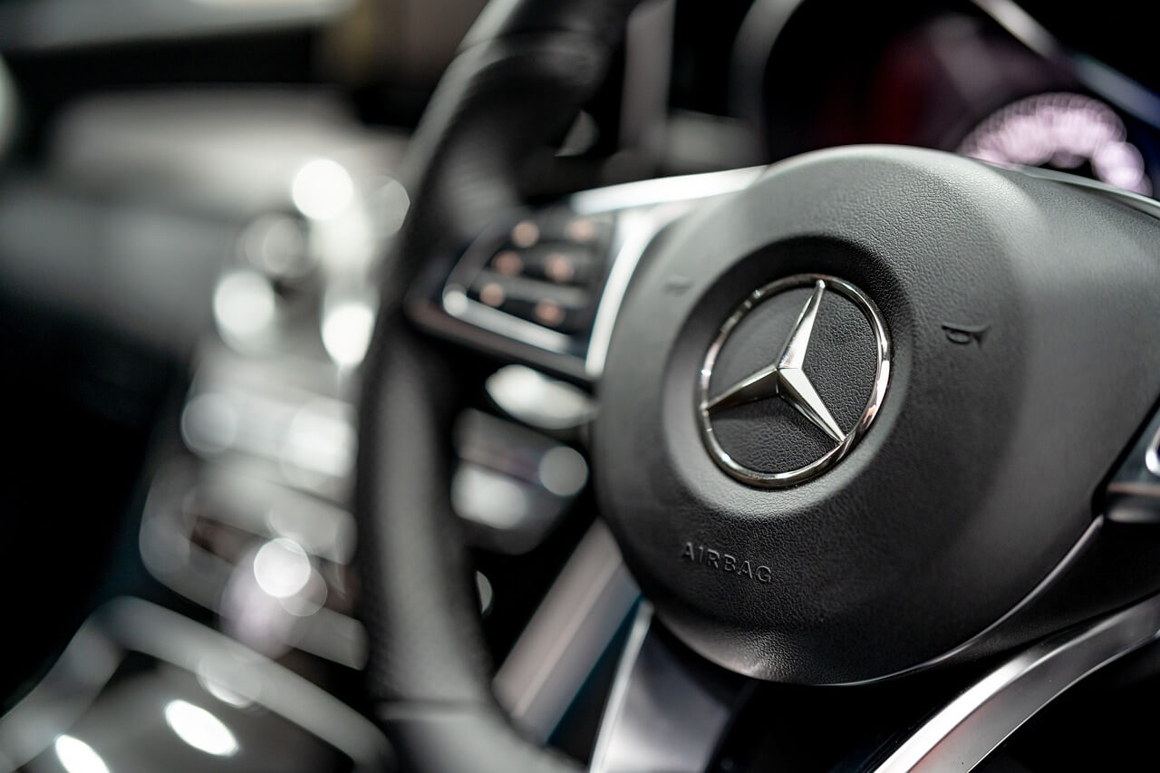a steering wheel in a Mercedes car
